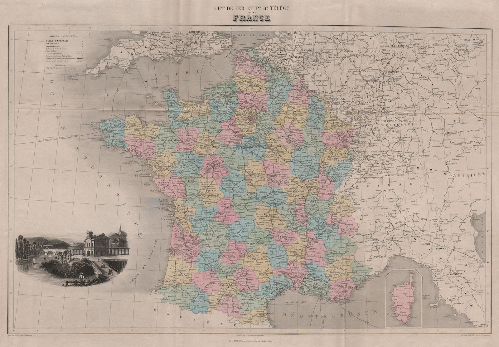 FRANCE RAILWAYS/TELEGRAPHS Chemins de fer/Télégraphes.Large. VUILLEMIN 1879 map